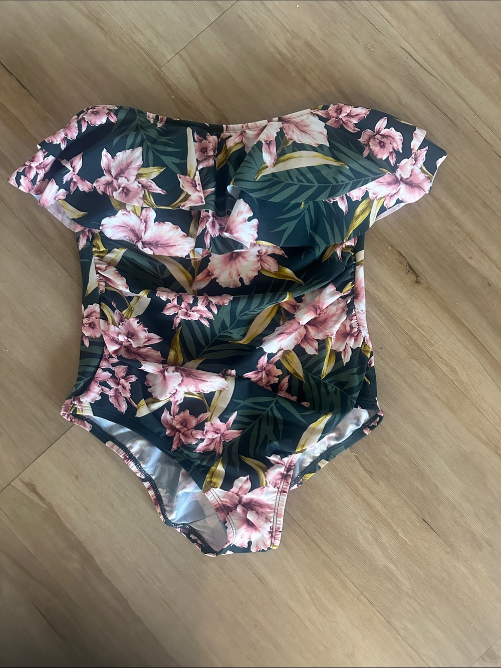Kona Sol Green Off-Shoulder One-Piece Swimsuit with Pink Floral Print